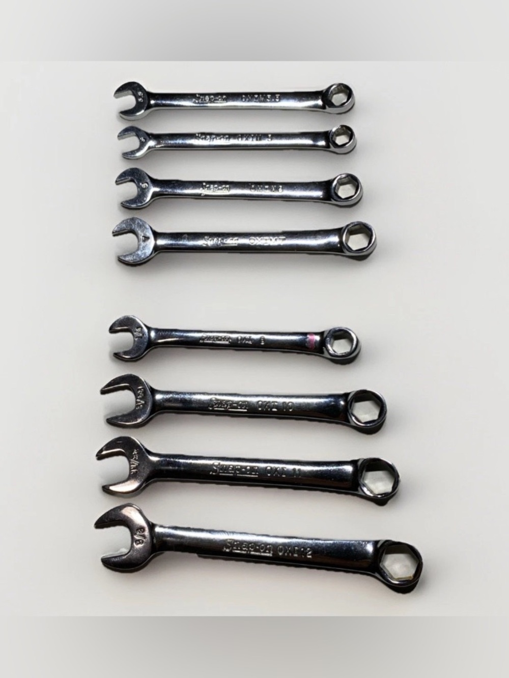 SNAP ON 8 pc 6-Point Flank Drive Midget Combination Wrench Set 4 SAE 4 Metric